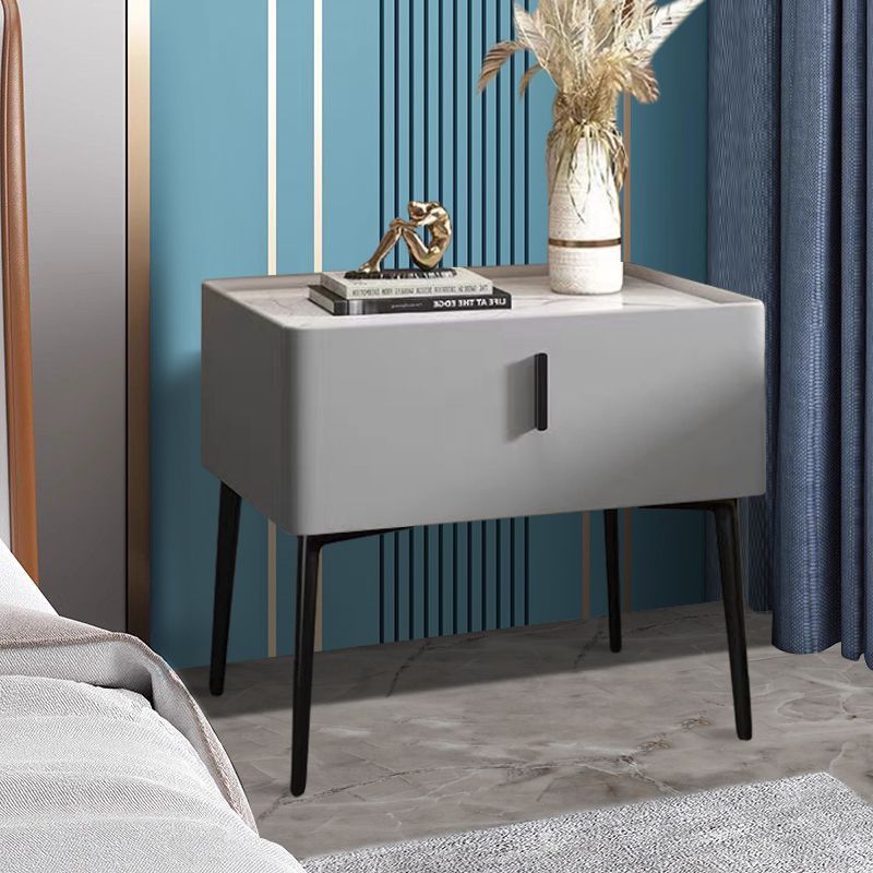 Contemporary Scandinavian Rectangular Sintered Stone Top Faux Leather Veneered Nightstand Drawer For Bedroom
