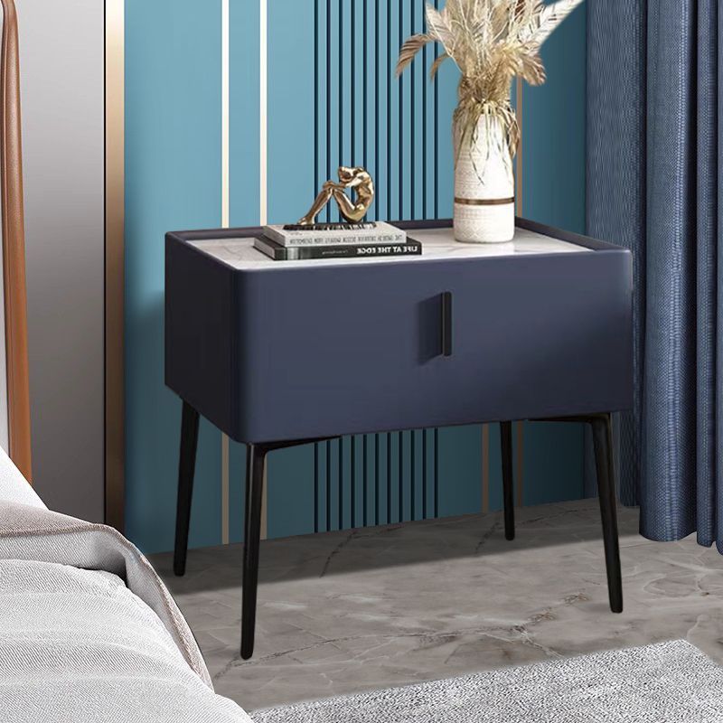 Contemporary Scandinavian Rectangular Sintered Stone Top Faux Leather Veneered Nightstand Drawer For Bedroom