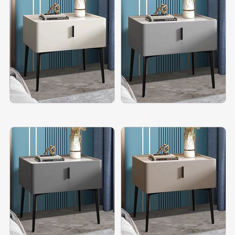 Contemporary Scandinavian Rectangular Sintered Stone Top Faux Leather Veneered Nightstand Drawer For Bedroom