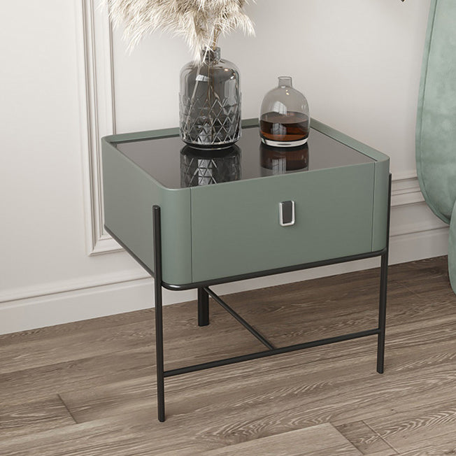 Modern Minimalist Geometric Square Glass Top Solid Wood Nightstand 1-Drawer For Bedroom