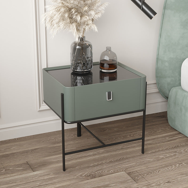 Modern Minimalist Geometric Square Glass Top Solid Wood Nightstand 1-Drawer For Bedroom