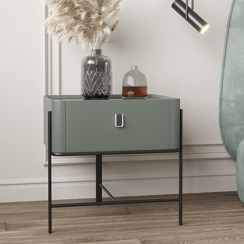 Modern Minimalist Geometric Square Glass Top Solid Wood Nightstand 1-Drawer For Bedroom