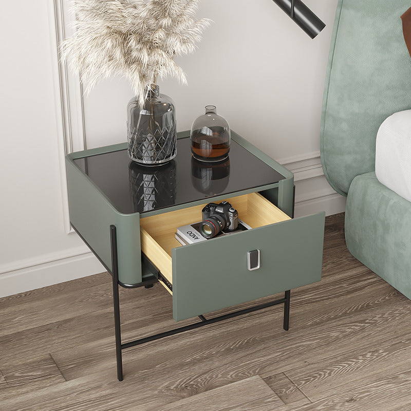 Modern Minimalist Geometric Square Glass Top Solid Wood Nightstand 1-Drawer For Bedroom