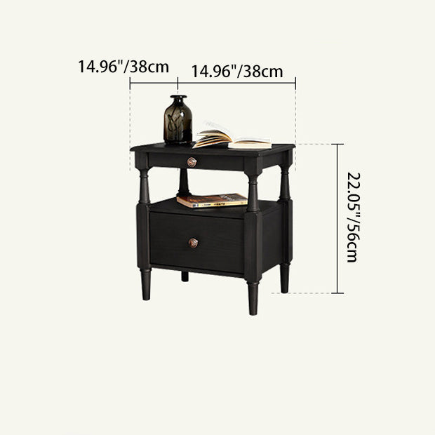 Traditional Vintage Square Solid Wood Nightstand 2-Tier Storage Drawer For Bedroom