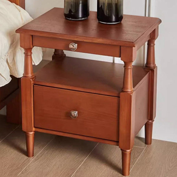 Traditional Vintage Square Solid Wood Nightstand 2-Tier Storage Drawer For Bedroom