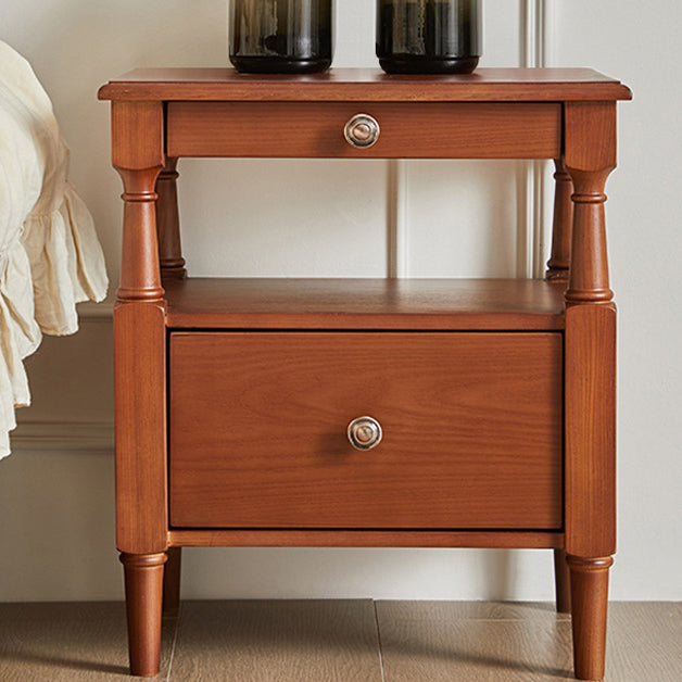 Traditional Vintage Square Solid Wood Nightstand 2-Tier Storage Drawer For Bedroom