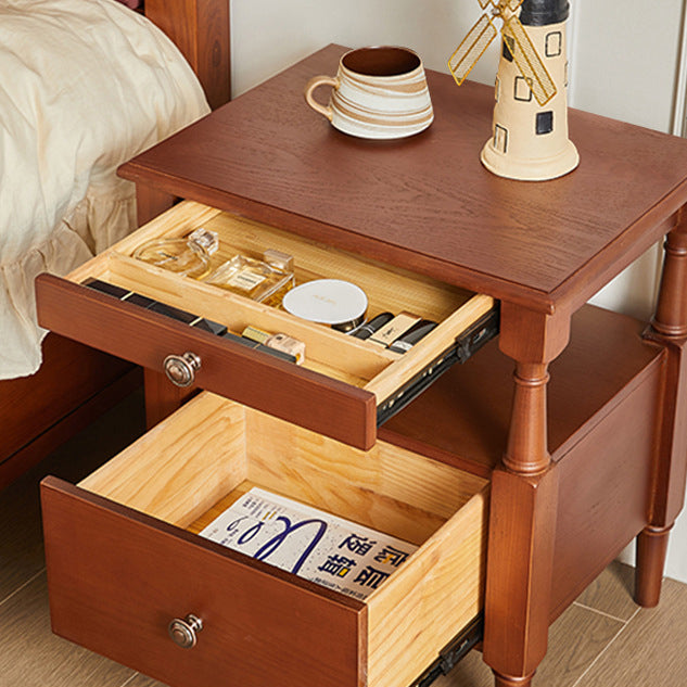 Traditional Vintage Square Solid Wood Nightstand 2-Tier Storage Drawer For Bedroom