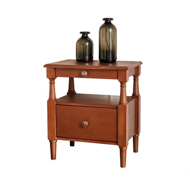Traditional Vintage Square Solid Wood Nightstand 2-Tier Storage Drawer For Bedroom