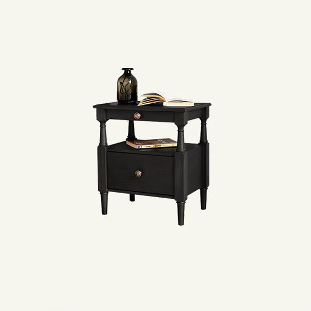 Traditional Vintage Square Solid Wood Nightstand 2-Tier Storage Drawer For Bedroom