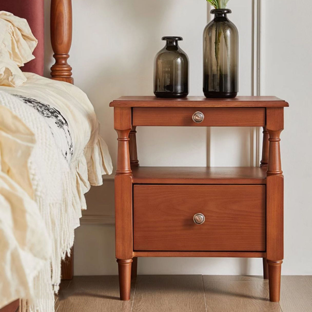 Traditional Vintage Square Solid Wood Nightstand 2-Tier Storage Drawer For Bedroom