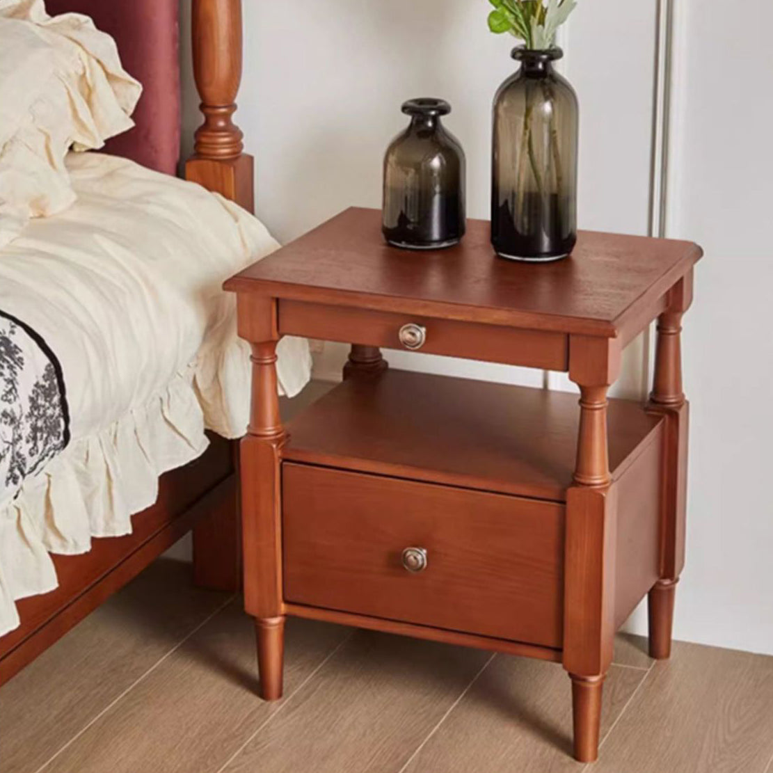 Traditional Vintage Square Solid Wood Nightstand 2-Tier Storage Drawer For Bedroom