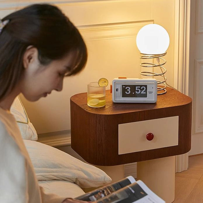 Contemporary Nordic Rounded Square MDF Top Solid Wood Base Nightstand 1-Drawer For Bedroom