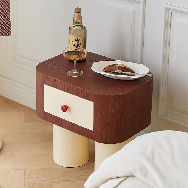 Contemporary Nordic Rounded Square MDF Top Solid Wood Base Nightstand 1-Drawer For Bedroom