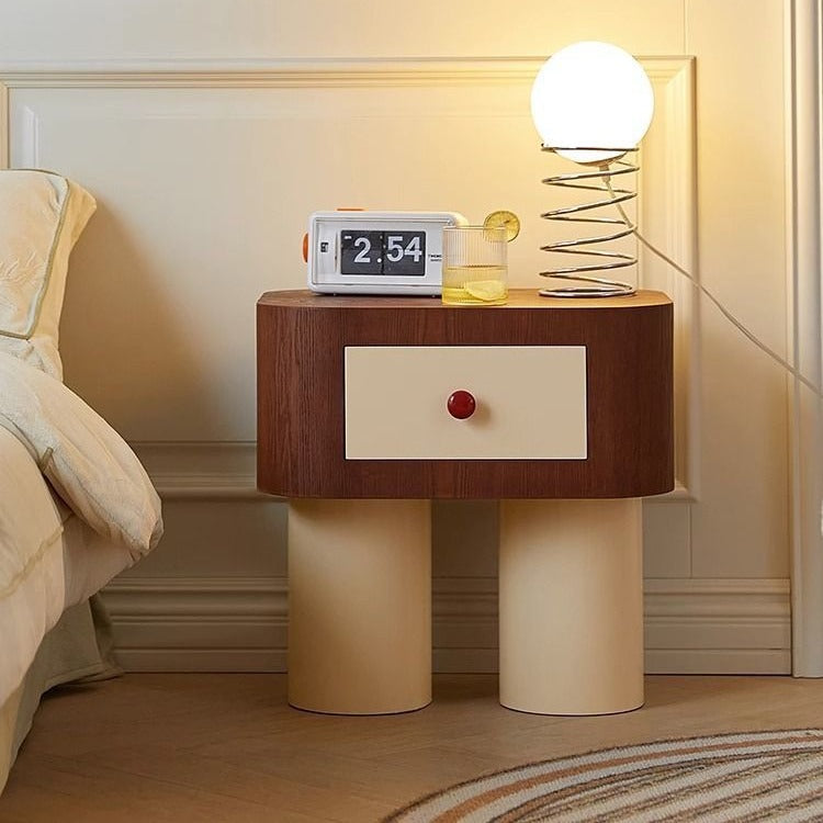 Contemporary Nordic Rounded Square MDF Top Solid Wood Base Nightstand 1-Drawer For Bedroom
