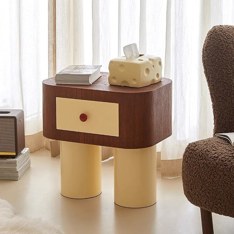Contemporary Nordic Rounded Square MDF Top Solid Wood Base Nightstand 1-Drawer For Bedroom