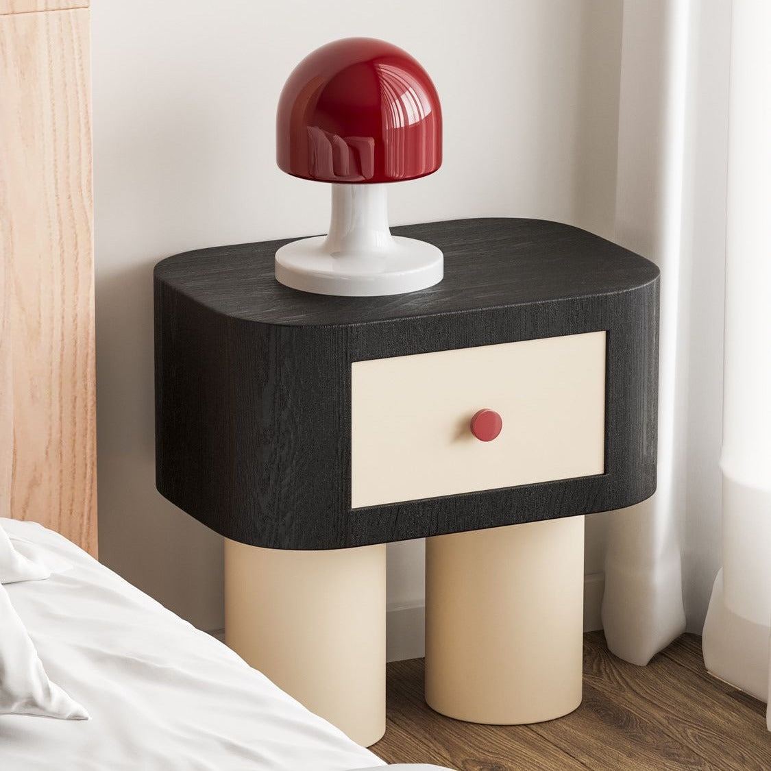 Contemporary Nordic Rounded Square MDF Top Solid Wood Base Nightstand 1-Drawer For Bedroom