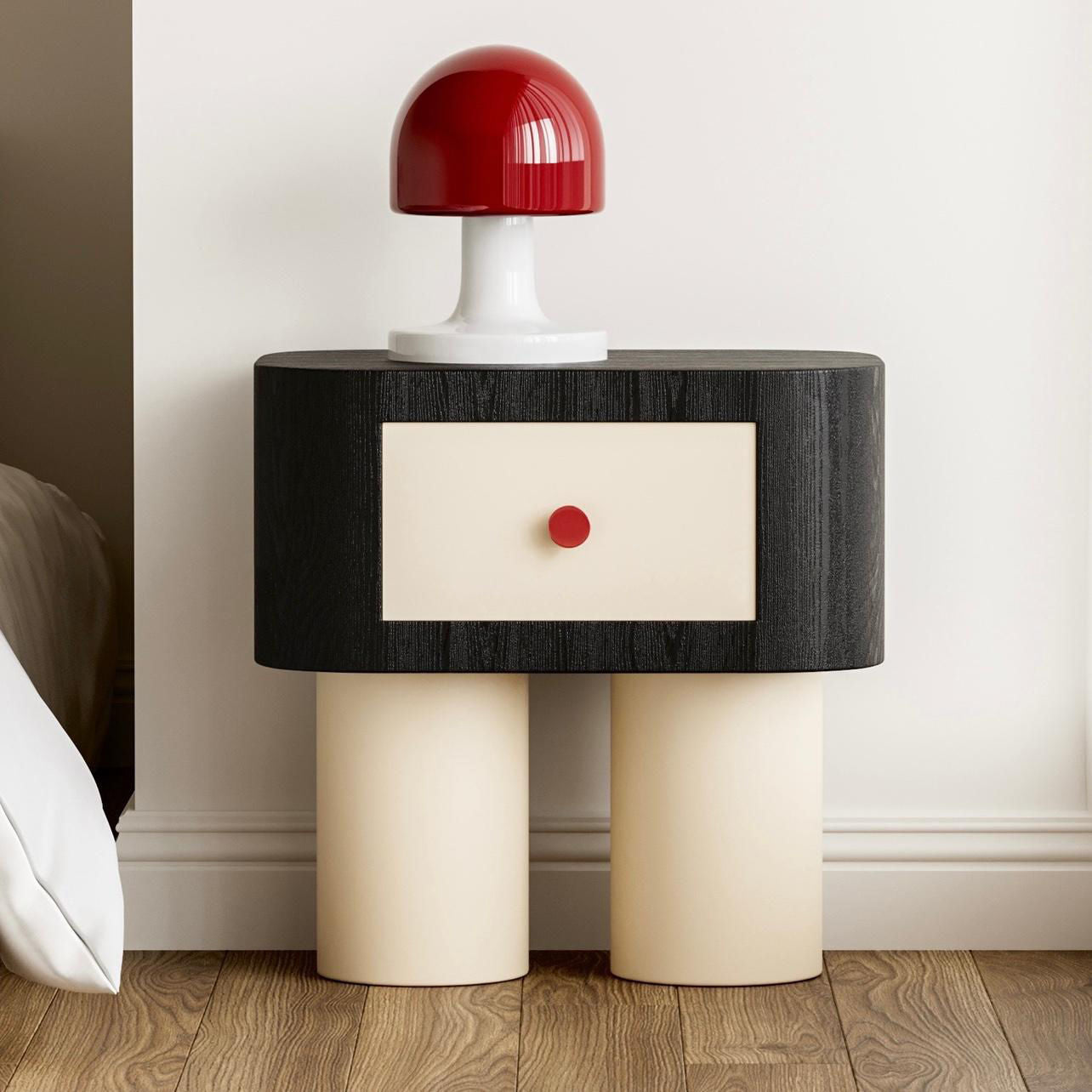 Contemporary Nordic Rounded Square MDF Top Solid Wood Base Nightstand 1-Drawer For Bedroom