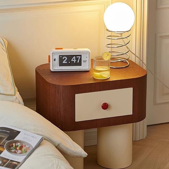 Contemporary Nordic Rounded Square MDF Top Solid Wood Base Nightstand 1-Drawer For Bedroom