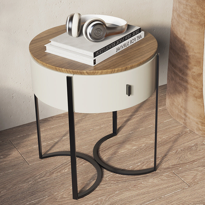 Contemporary Nordic Solid Wood Round Top Iron Nightstand 1-Drawer For Bedroom