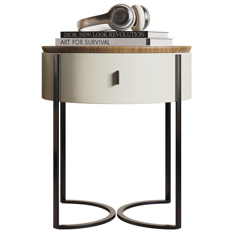 Contemporary Nordic Solid Wood Round Top Iron Nightstand 1-Drawer For Bedroom