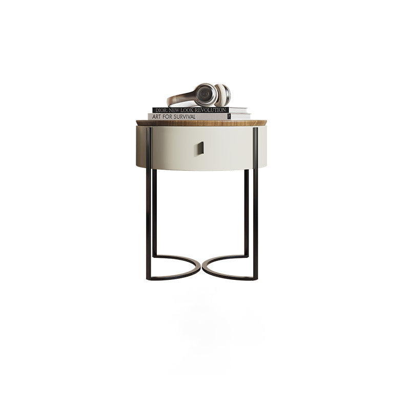Contemporary Nordic Solid Wood Round Top Iron Nightstand 1-Drawer For Bedroom