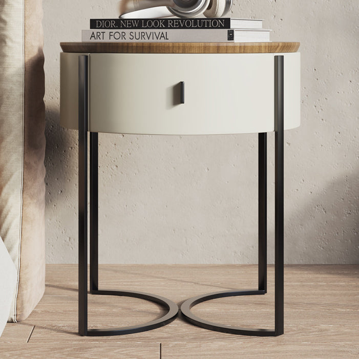 Contemporary Nordic Solid Wood Round Top Iron Nightstand 1-Drawer For Bedroom