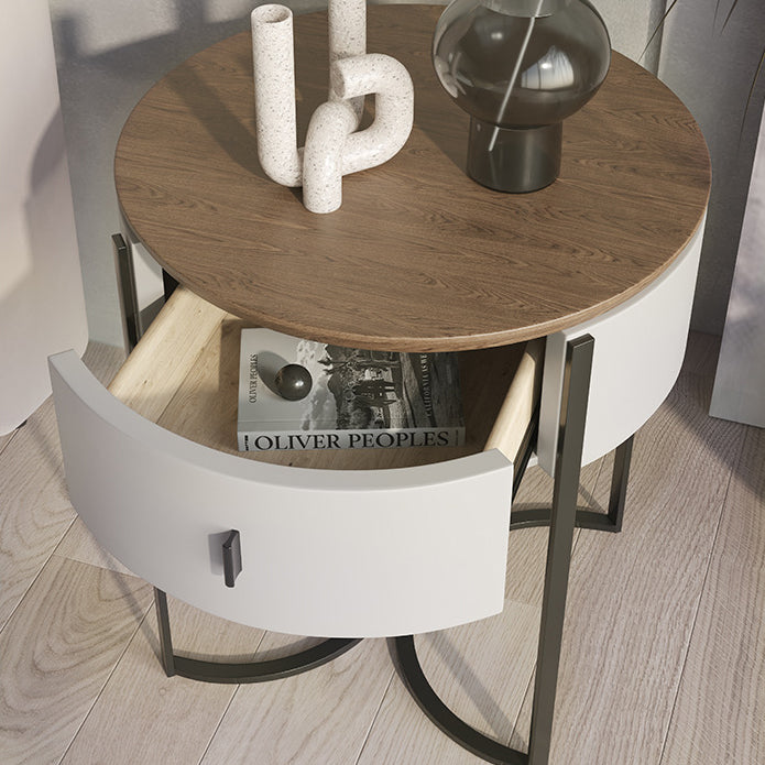 Contemporary Nordic Solid Wood Round Top Iron Nightstand 1-Drawer For Bedroom