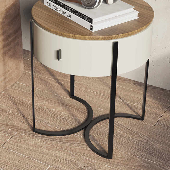 Contemporary Nordic Solid Wood Round Top Iron Nightstand 1-Drawer For Bedroom