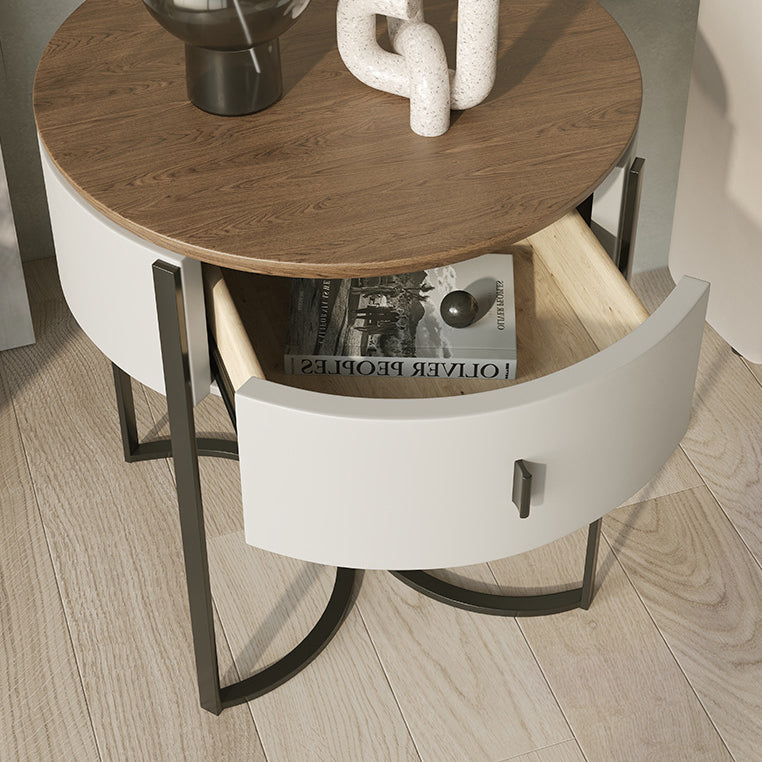 Contemporary Nordic Solid Wood Round Top Iron Nightstand 1-Drawer For Bedroom