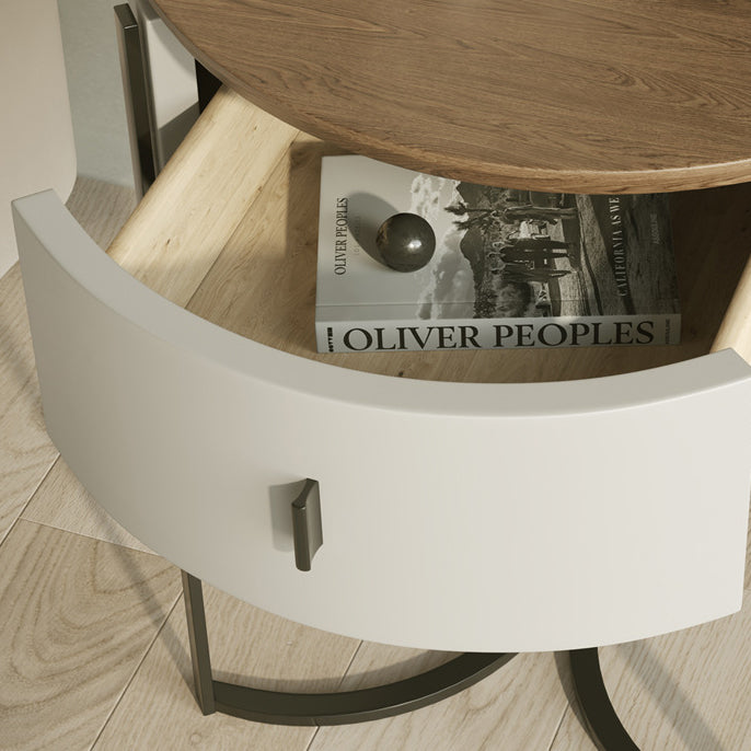 Contemporary Nordic Solid Wood Round Top Iron Nightstand 1-Drawer For Bedroom