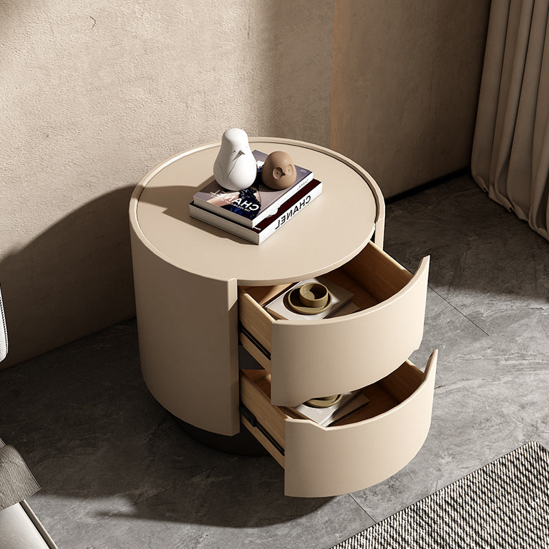 Contemporary Nordic Solid Wood Round Top Nightstand 2-Drawer Storage Cabinet For Bedroom
