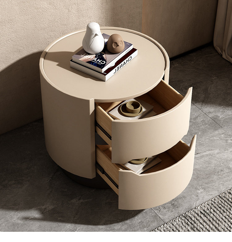 Contemporary Nordic Solid Wood Round Top Nightstand 2-Drawer Storage Cabinet For Bedroom