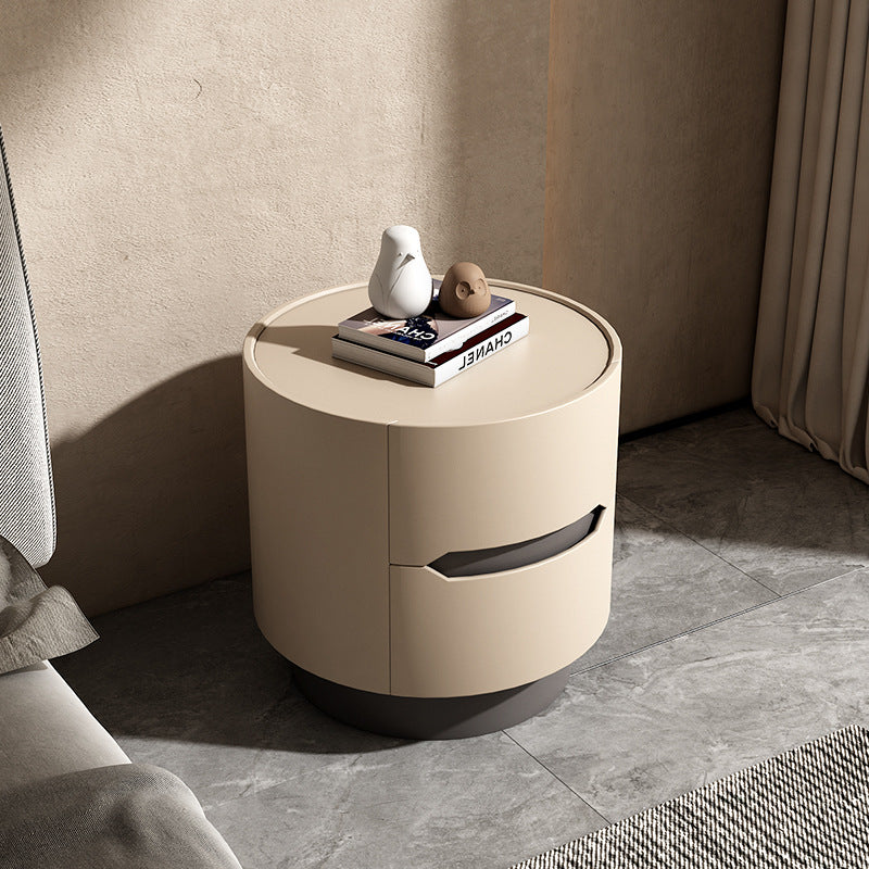 Contemporary Nordic Solid Wood Round Top Nightstand 2-Drawer Storage Cabinet For Bedroom