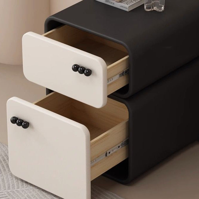Contemporary Scandinavian Rectangular Solid Wood Microfiber Leather Veneered Nightstand 2-Drawer For Bedroom