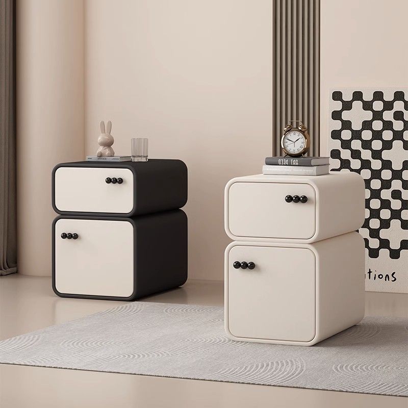 Contemporary Scandinavian Rectangular Solid Wood Microfiber Leather Veneered Nightstand 2-Drawer For Bedroom