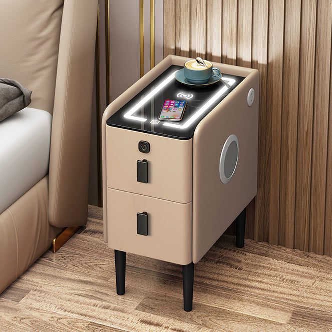 Contemporary Luxury Narrow Rectangular Glass Top Microfiber Leather Veneered Multi-Functional Nightstand 2-Drawer For Bedroom