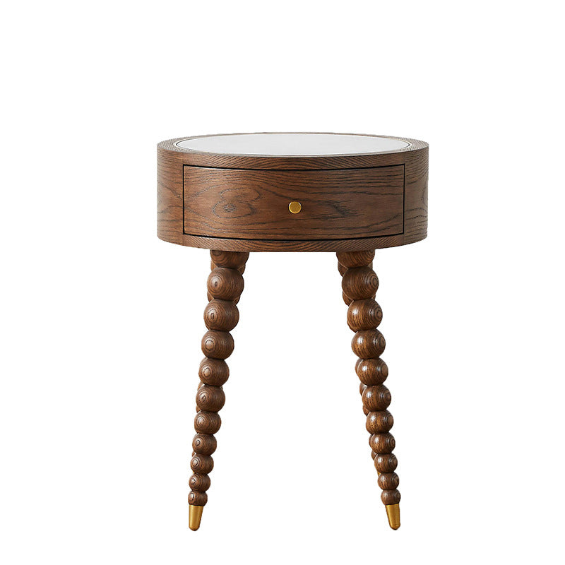 Traditional European Round Walnut Wood Grain Roman Column Base Nightstand 1-Drawer For Bedroom