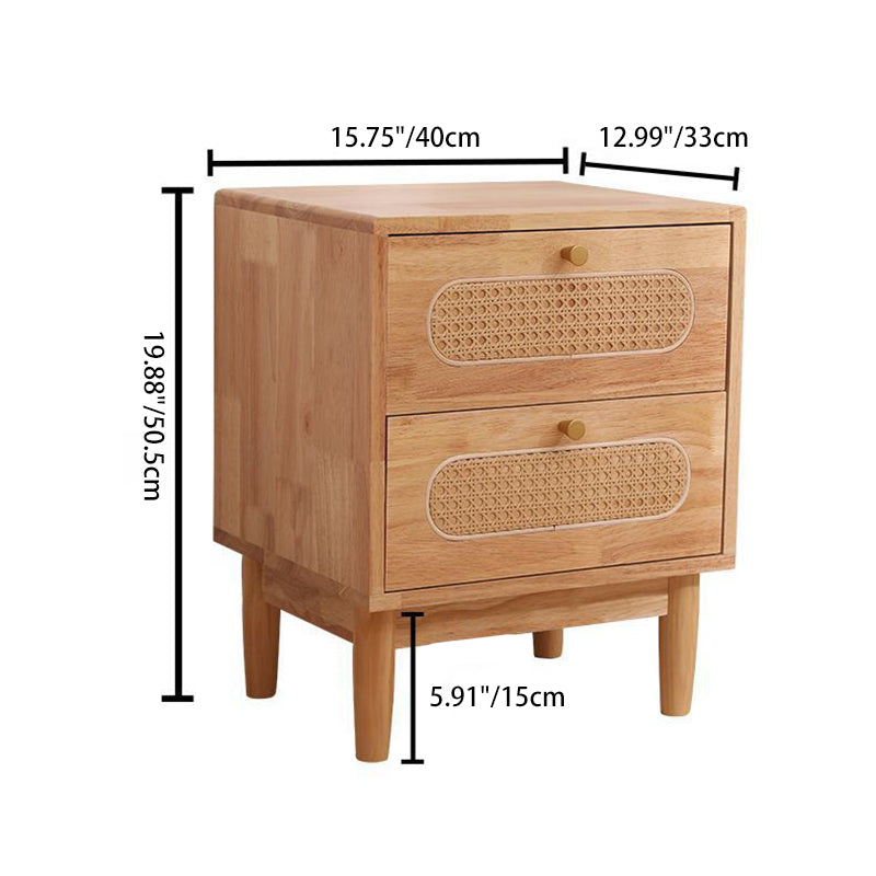 Traditional Vintage Square Solid Wood Top Rattan Woven Nightstand 2-Drawer For Bedroom