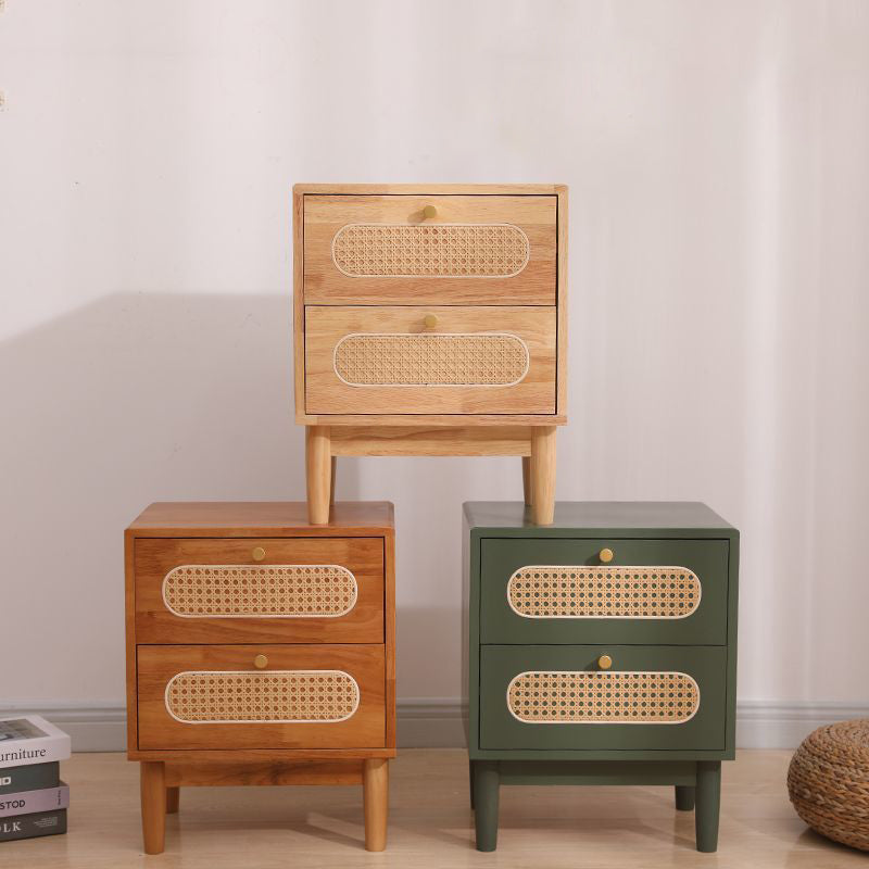 Traditional Vintage Square Solid Wood Top Rattan Woven Nightstand 2-Drawer For Bedroom