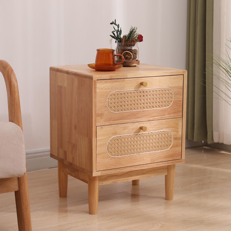Traditional Vintage Square Solid Wood Top Rattan Woven Nightstand 2-Drawer For Bedroom