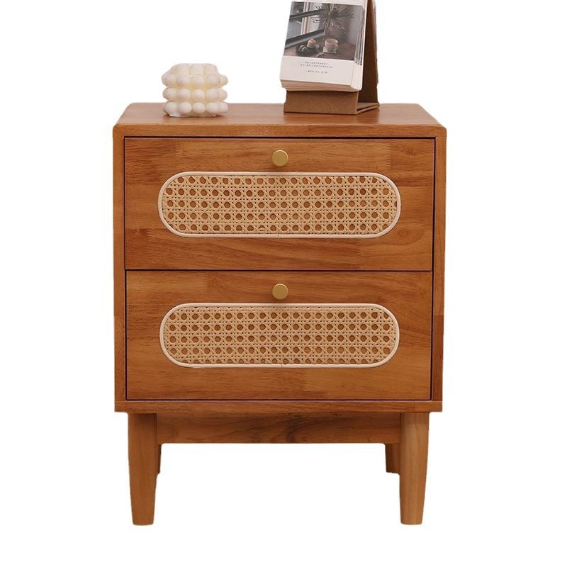 Traditional Vintage Square Solid Wood Top Rattan Woven Nightstand 2-Drawer For Bedroom