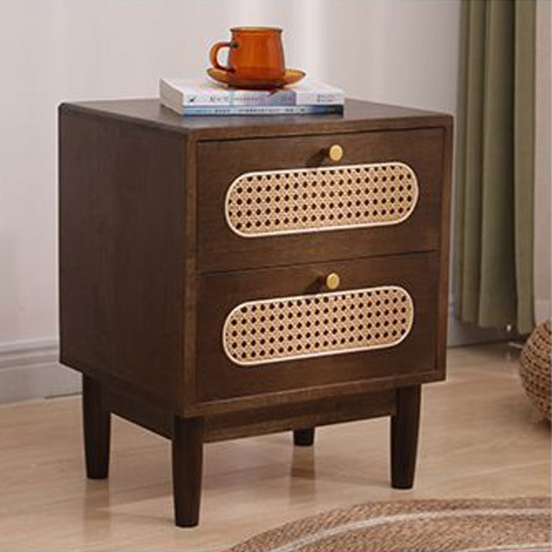 Traditional Vintage Square Solid Wood Top Rattan Woven Nightstand 2-Drawer For Bedroom