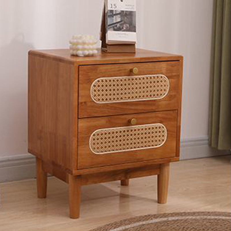 Traditional Vintage Square Solid Wood Top Rattan Woven Nightstand 2-Drawer For Bedroom