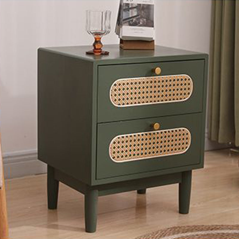 Traditional Vintage Square Solid Wood Top Rattan Woven Nightstand 2-Drawer For Bedroom