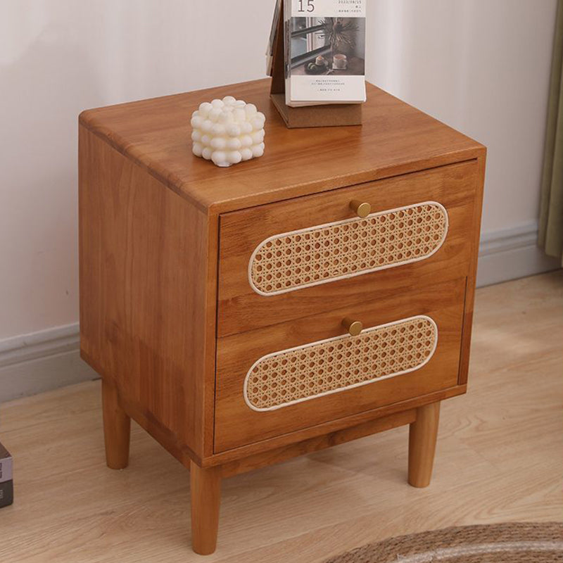Traditional Vintage Square Solid Wood Top Rattan Woven Nightstand 2-Drawer For Bedroom