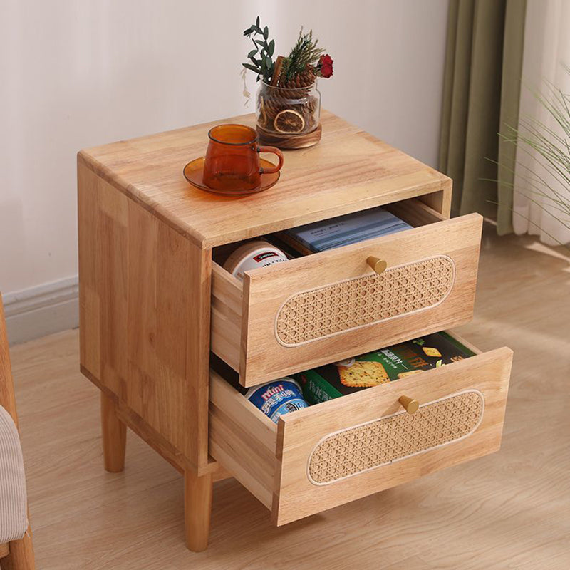 Traditional Vintage Square Solid Wood Top Rattan Woven Nightstand 2-Drawer For Bedroom