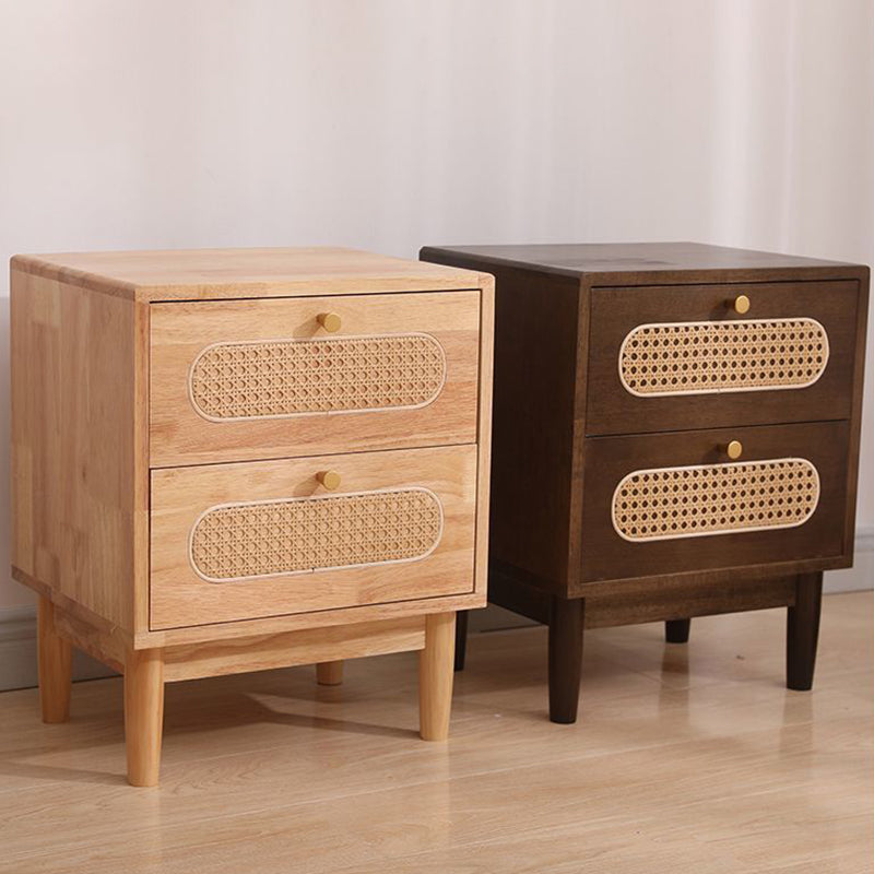 Traditional Vintage Square Solid Wood Top Rattan Woven Nightstand 2-Drawer For Bedroom