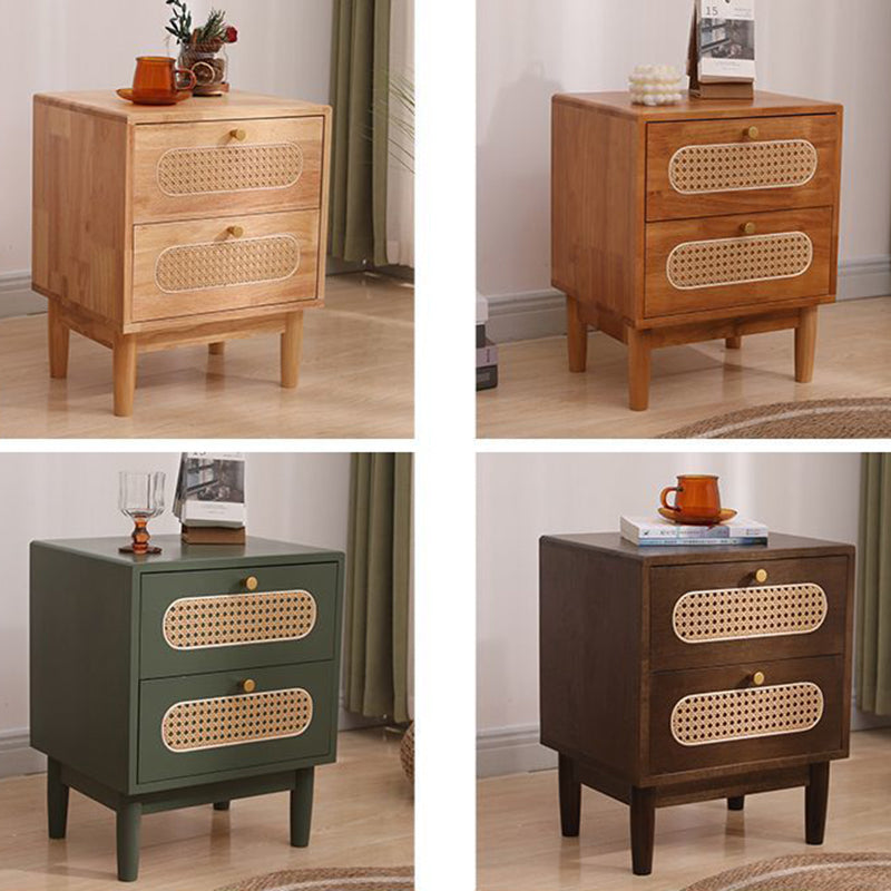 Traditional Vintage Square Solid Wood Top Rattan Woven Nightstand 2-Drawer For Bedroom