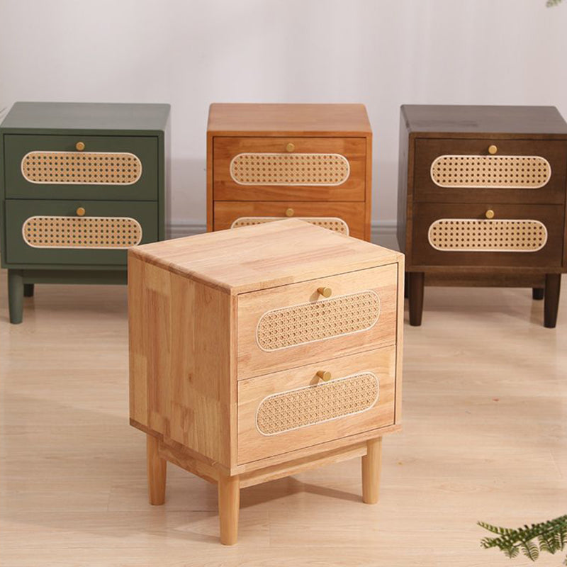 Traditional Vintage Square Solid Wood Top Rattan Woven Nightstand 2-Drawer For Bedroom