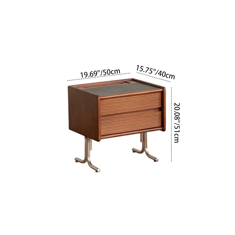 Traditional Vintage Sintered Stone Rectangular Top Solid Wood T-Shaped Stainless Steel Legs Nightstand 2-Drawer For Bedroom